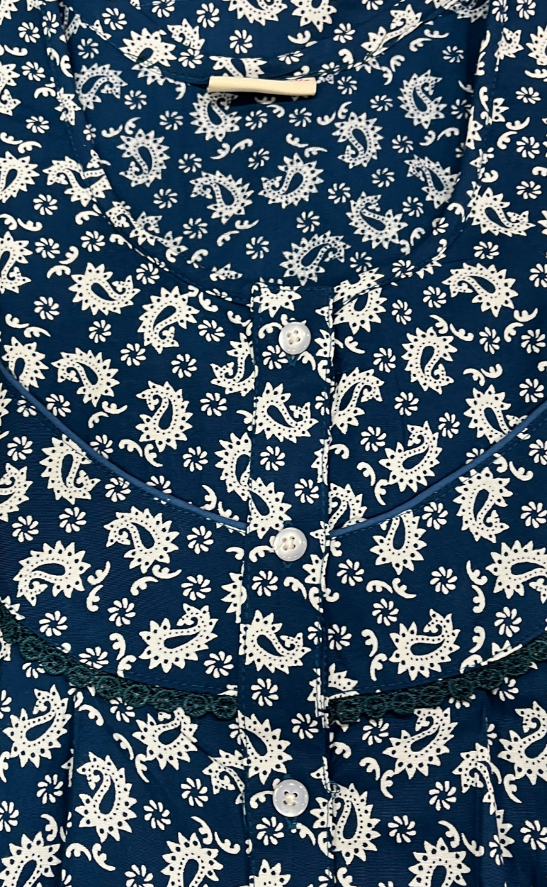 Blue Paisley Print Rayon Nighty. Flowy Rayon Fabric | Laces and Frills