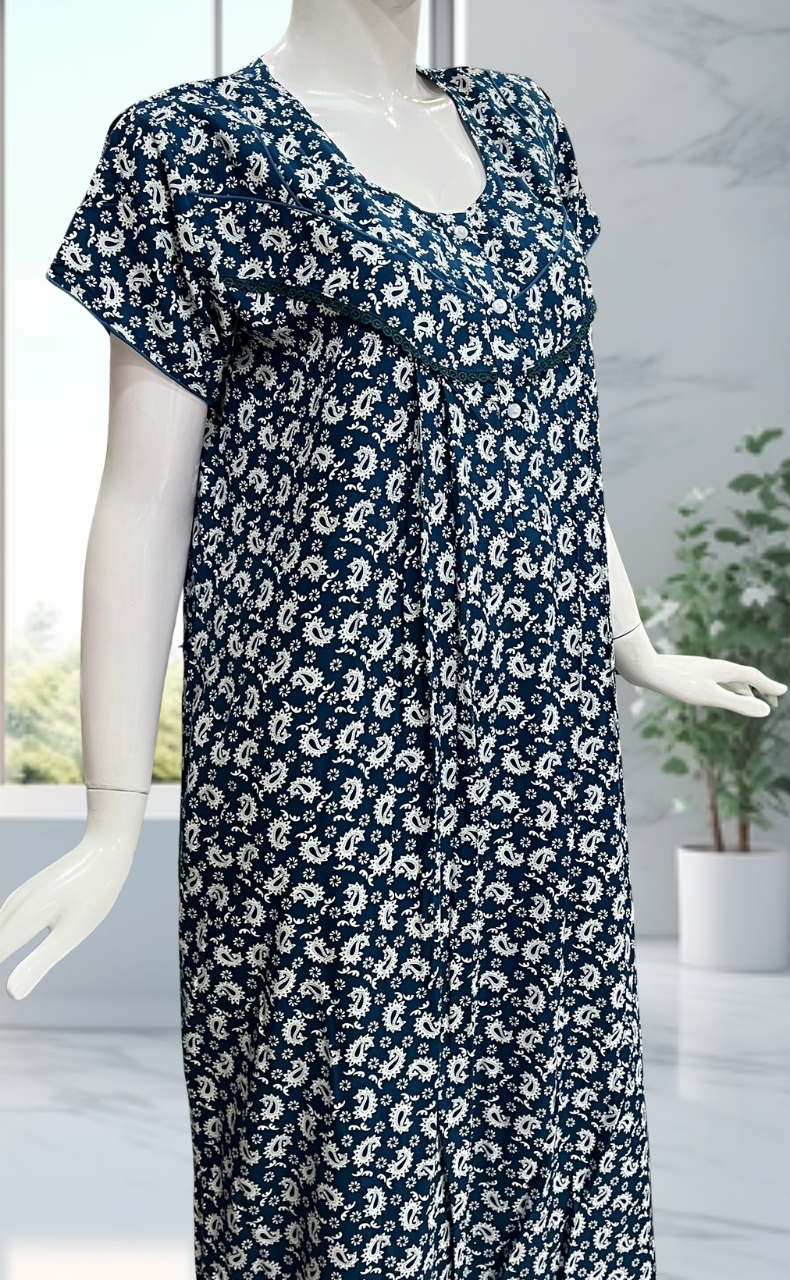 Blue Paisley Print Rayon Nighty. Flowy Rayon Fabric | Laces and Frills