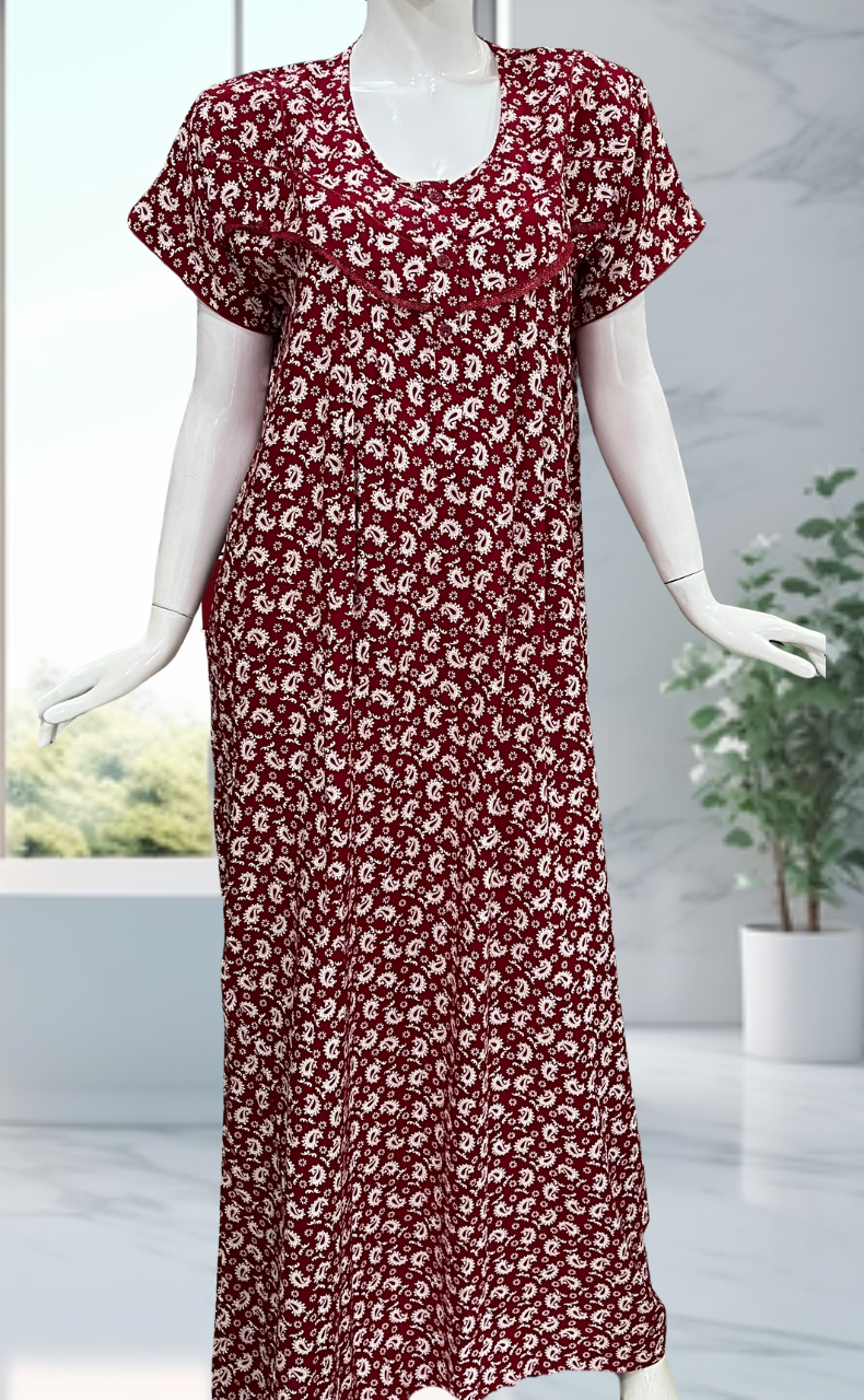 Red Paisley Print Rayon Nighty. Flowy Rayon Fabric | Laces and Frills