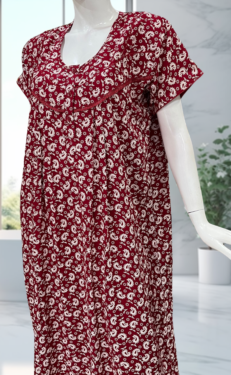 Red Paisley Print Rayon Nighty. Flowy Rayon Fabric | Laces and Frills