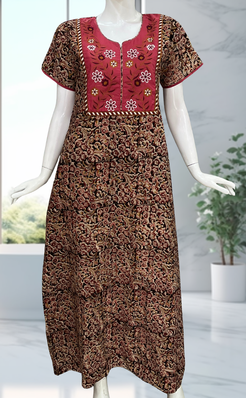 Pink/Maroon Kalamkari Pure Cotton Nighty. Pure Durable Cotton | Laces and Frills