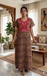 Pink/Maroon Kalamkari Pure Cotton Nighty. Pure Durable Cotton | Laces and Frills - Laces and Frills