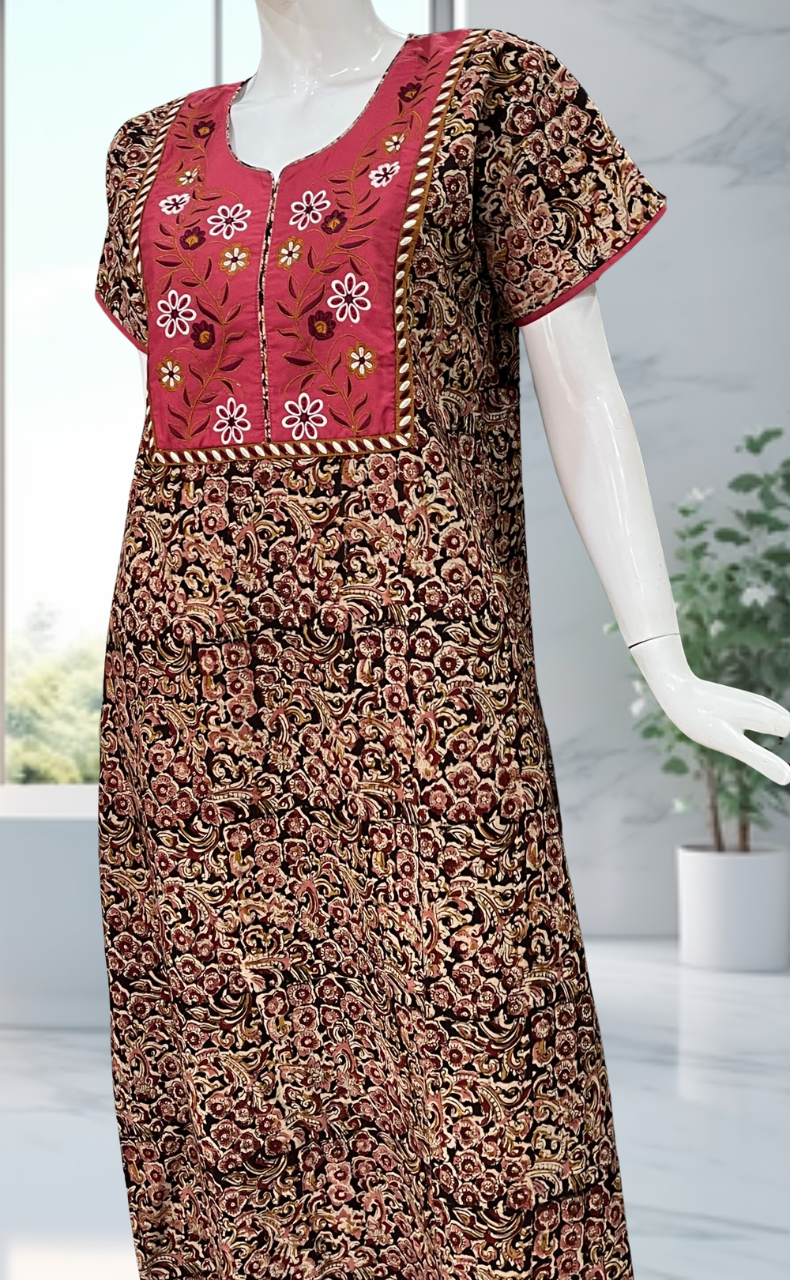 Pink/Maroon Kalamkari Pure Cotton Nighty. Pure Durable Cotton | Laces and Frills