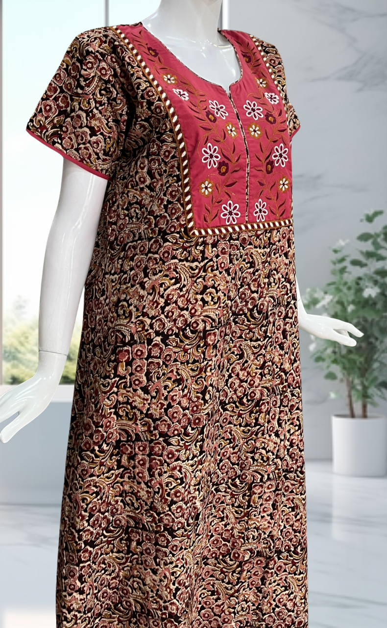 Pink/Maroon Kalamkari Pure Cotton Nighty. Pure Durable Cotton | Laces and Frills