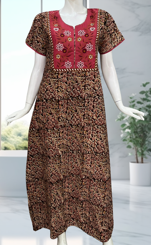 Pink/Maroon Kalamkari Pure Cotton Nighty. Pure Durable Cotton | Laces and Frills