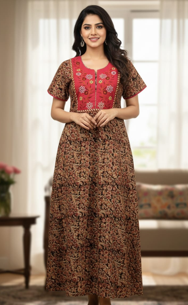 Pink/Maroon Kalamkari Pure Cotton Nighty. Pure Durable Cotton | Laces and Frills