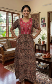 Pink/Maroon Kalamkari Pure Cotton Nighty. Pure Durable Cotton | Laces and Frills - Laces and Frills
