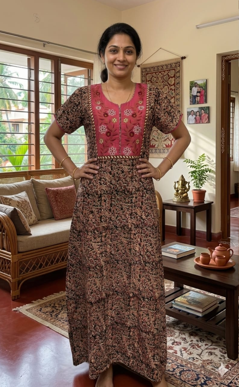 Pink/Maroon Kalamkari Pure Cotton Nighty. Pure Durable Cotton | Laces and Frills - Laces and Frills