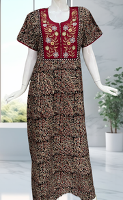 Maroon/Black Kalamkari Pure Cotton Nighty. Pure Durable Cotton | Laces and Frills