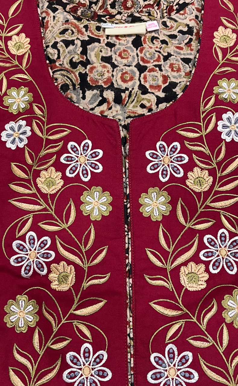 Maroon/Black Kalamkari Pure Cotton Nighty. Pure Durable Cotton | Laces and Frills