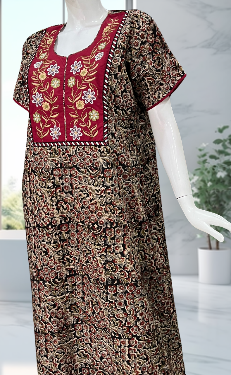 Maroon/Black Kalamkari Pure Cotton Nighty. Pure Durable Cotton | Laces and Frills