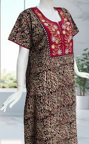 Maroon/Black Kalamkari Pure Cotton Nighty. Pure Durable Cotton | Laces and Frills