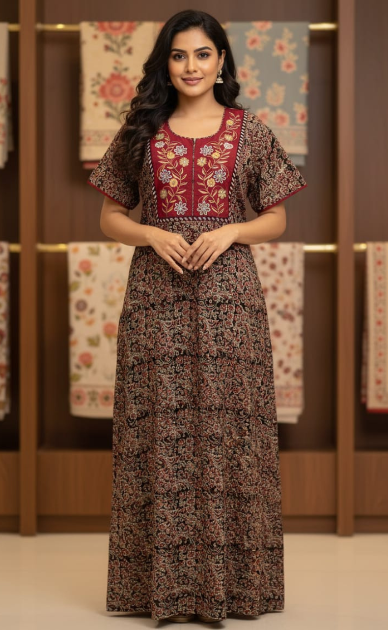 Maroon/Black Kalamkari Pure Cotton Nighty. Pure Durable Cotton | Laces and Frills