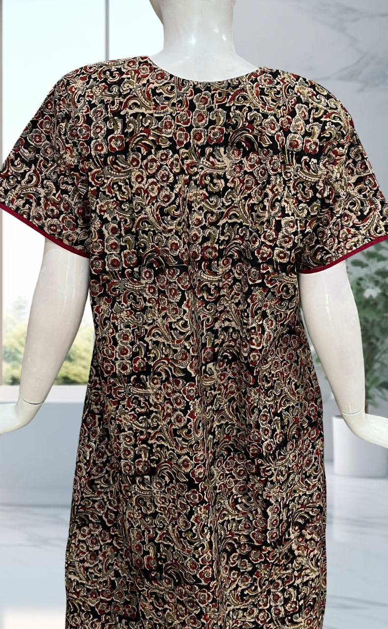 Maroon/Black Kalamkari Pure Cotton Nighty. Pure Durable Cotton | Laces and Frills