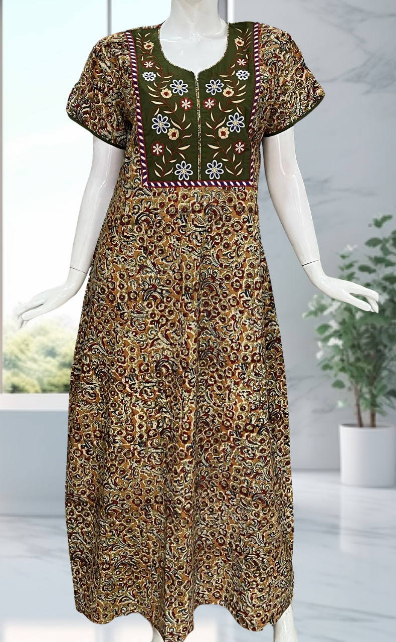 Olive Green/Mustard Kalamkari Pure Cotton Nighty. Pure Durable Cotton | Laces and Frills