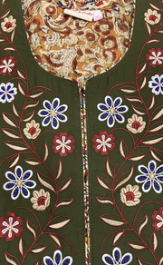 Olive Green/Mustard Kalamkari Pure Cotton Nighty. Pure Durable Cotton | Laces and Frills