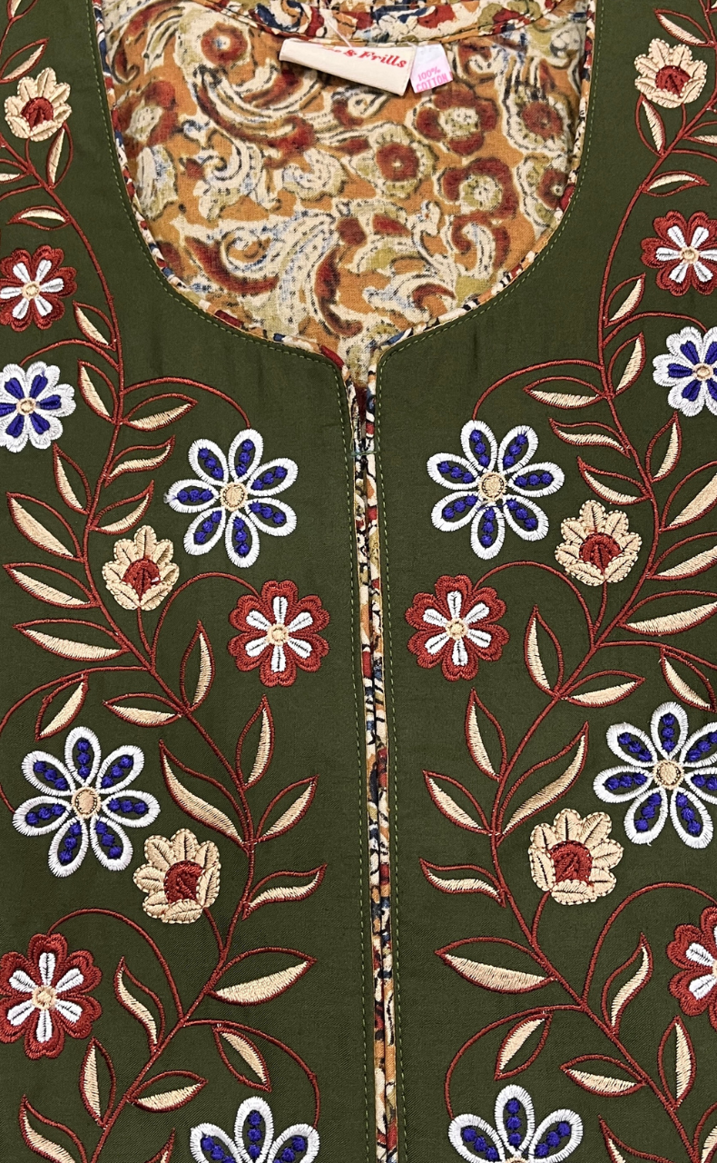 Olive Green/Mustard Kalamkari Pure Cotton Nighty. Pure Durable Cotton | Laces and Frills