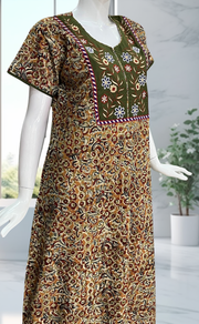 Olive Green/Mustard Kalamkari Pure Cotton Nighty. Pure Durable Cotton | Laces and Frills