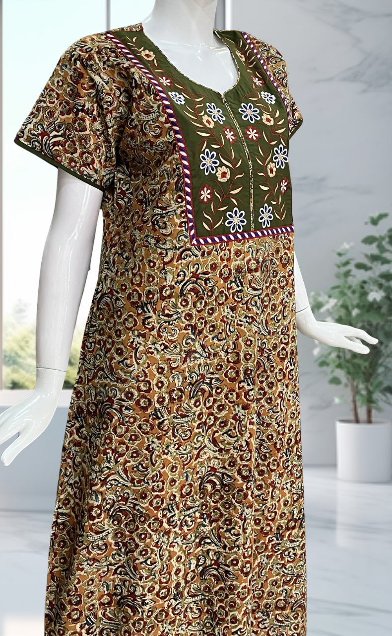 Olive Green/Mustard Kalamkari Pure Cotton Nighty. Pure Durable Cotton | Laces and Frills