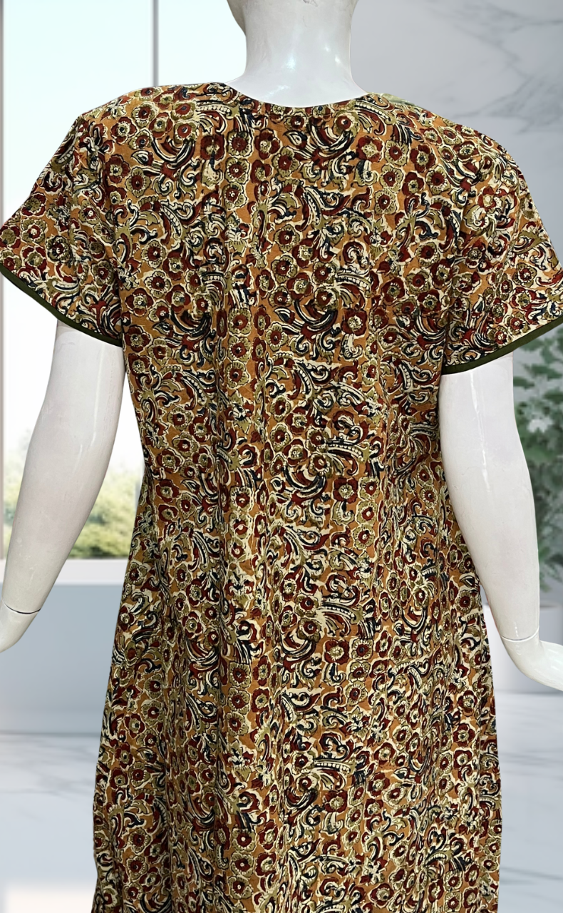 Olive Green/Mustard Kalamkari Pure Cotton Nighty. Pure Durable Cotton | Laces and Frills
