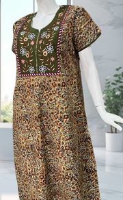 Olive Green/Mustard Kalamkari Pure Cotton Nighty. Pure Durable Cotton | Laces and Frills