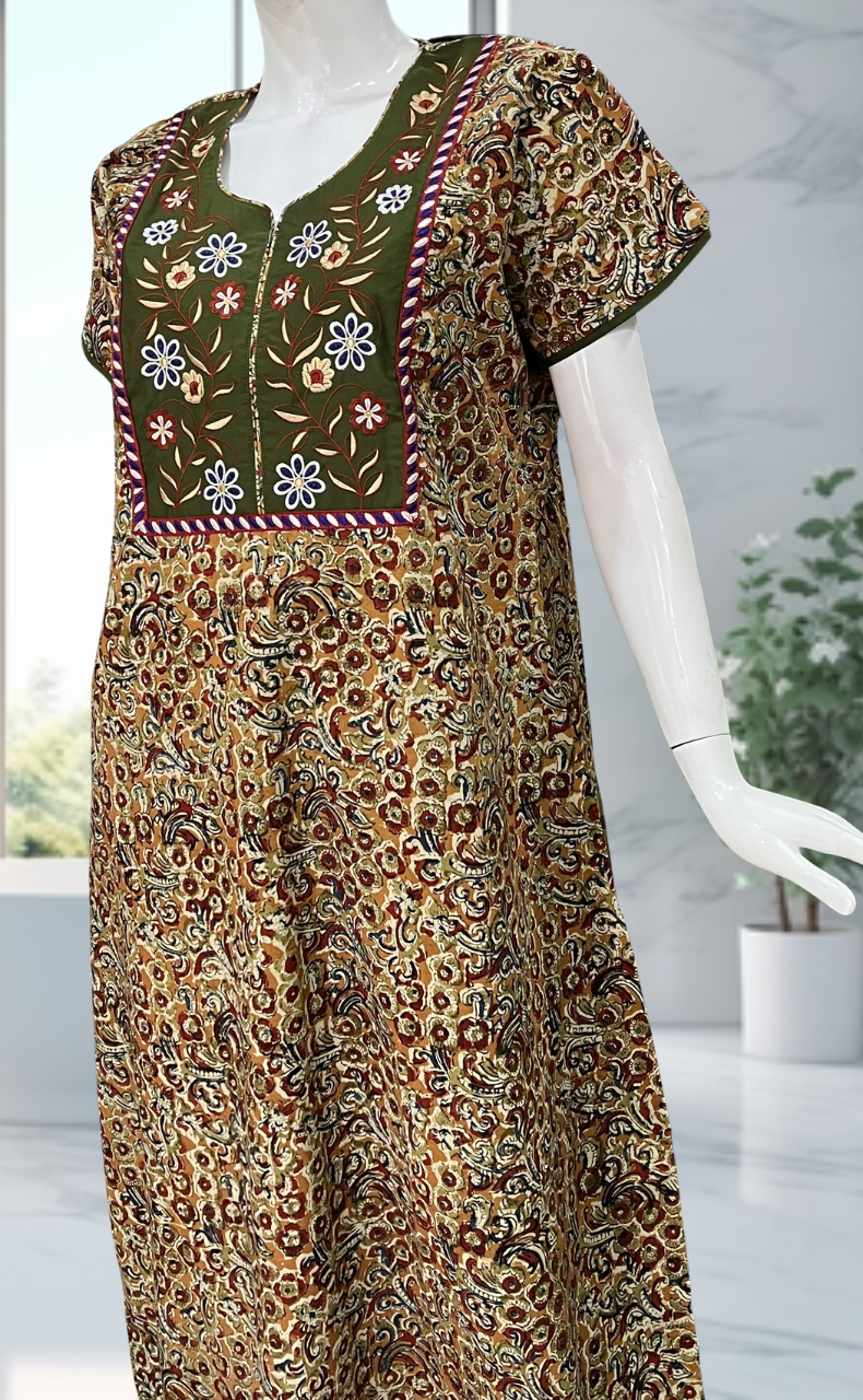 Olive Green/Mustard Kalamkari Pure Cotton Nighty. Pure Durable Cotton | Laces and Frills