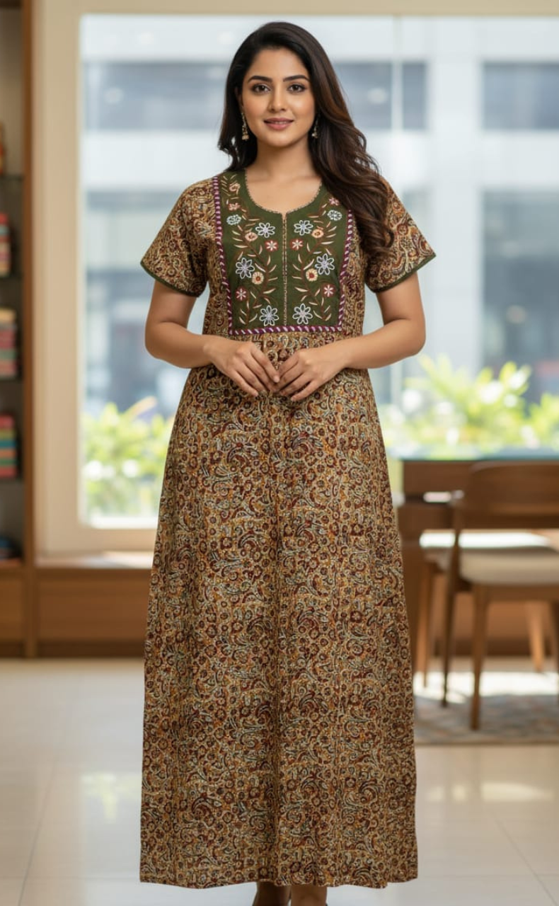 Olive Green/Mustard Kalamkari Pure Cotton Nighty. Pure Durable Cotton | Laces and Frills