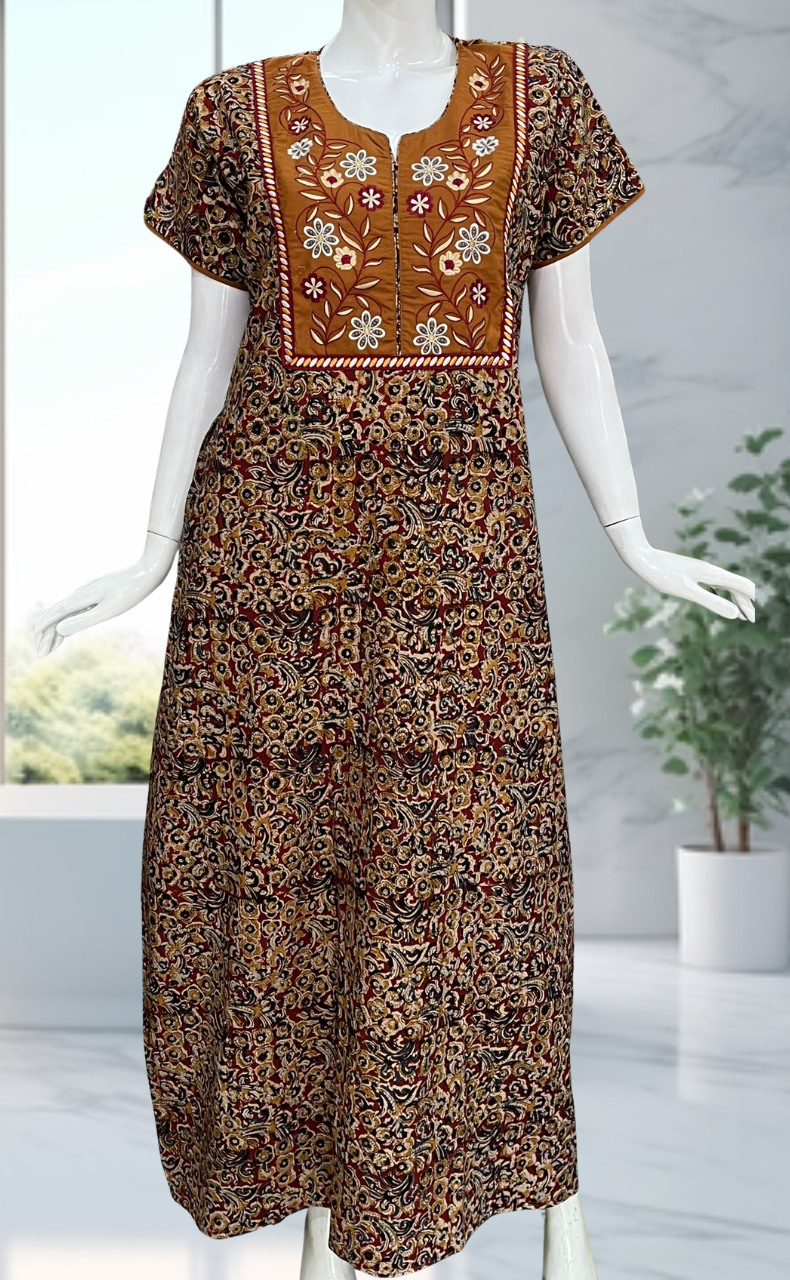 Mustard/Maroon Kalamkari Pure Cotton Nighty. Pure Durable Cotton | Laces and Frills

