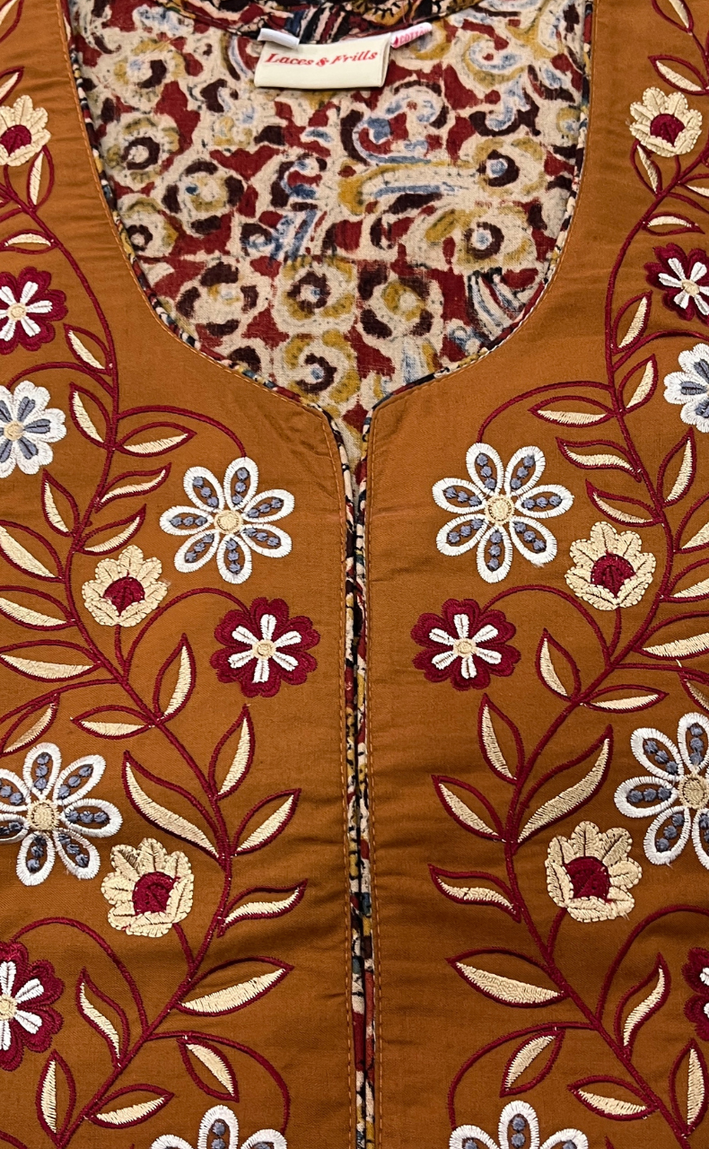 Mustard/Maroon Kalamkari Pure Cotton Nighty. Pure Durable Cotton | Laces and Frills