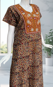 Mustard/Maroon Kalamkari Pure Cotton Nighty. Pure Durable Cotton | Laces and Frills