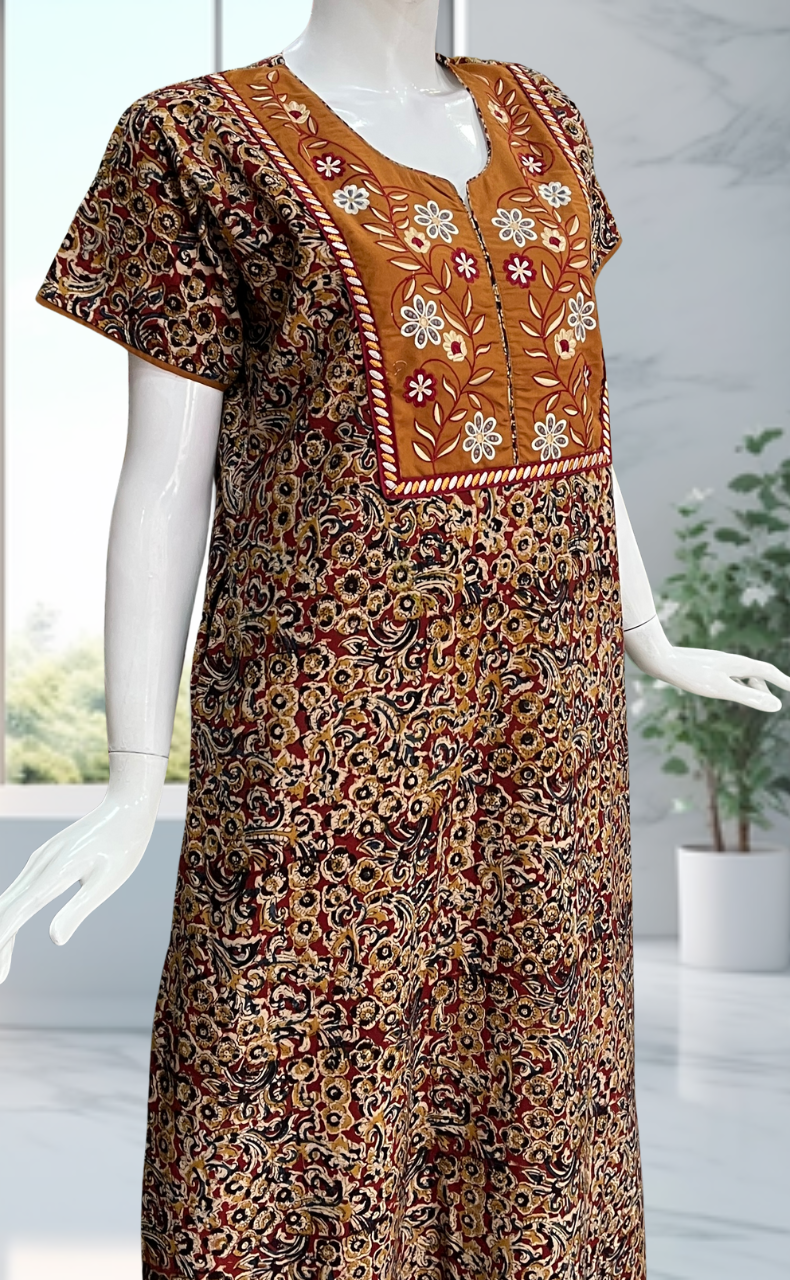 Mustard/Maroon Kalamkari Pure Cotton Nighty. Pure Durable Cotton | Laces and Frills