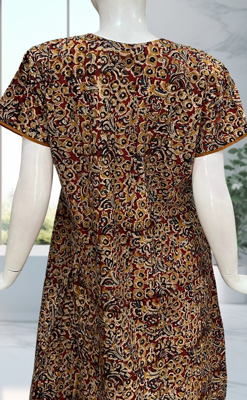 Mustard/Maroon Kalamkari Pure Cotton Nighty. Pure Durable Cotton | Laces and Frills