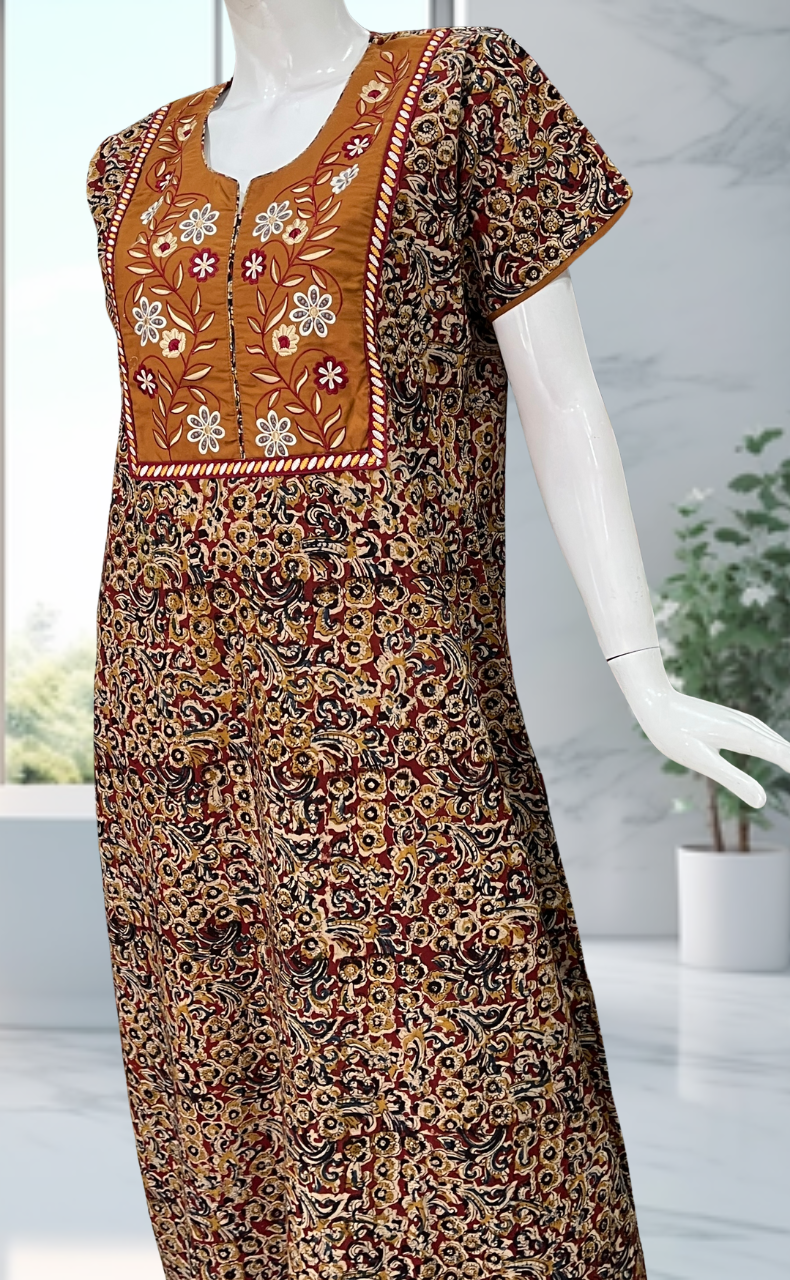 Mustard/Maroon Kalamkari Pure Cotton Nighty. Pure Durable Cotton | Laces and Frills