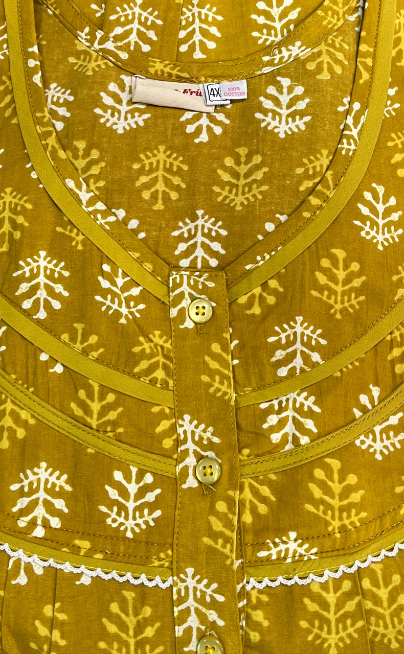 Yellow Leafy Pure Cotton Nighty. Pure Durable Cotton | Laces and Frills