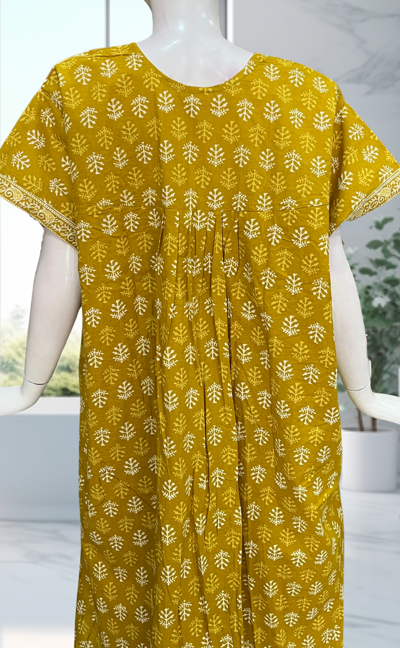 Yellow Leafy Pure Cotton Nighty. Pure Durable Cotton | Laces and Frills