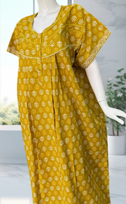 Yellow Leafy Pure Cotton Nighty. Pure Durable Cotton | Laces and Frills