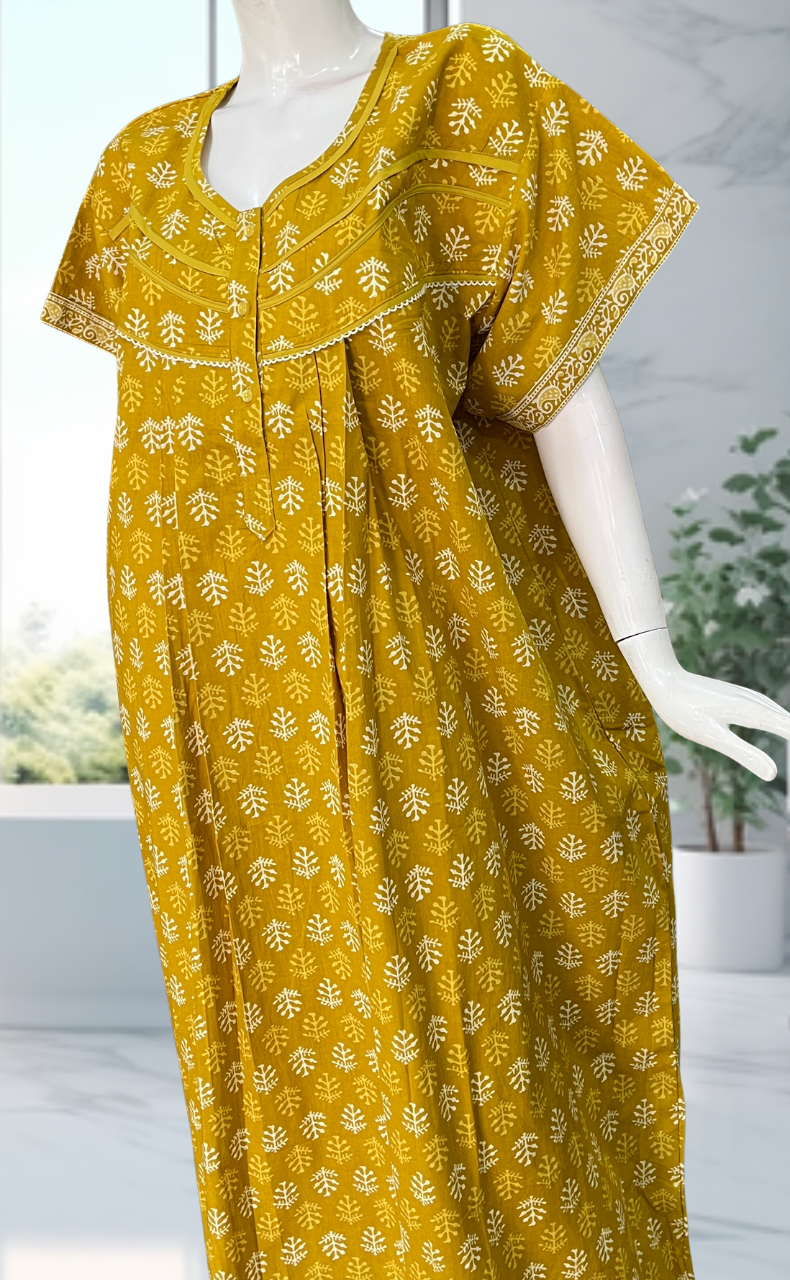 Yellow Leafy Pure Cotton Nighty. Pure Durable Cotton | Laces and Frills