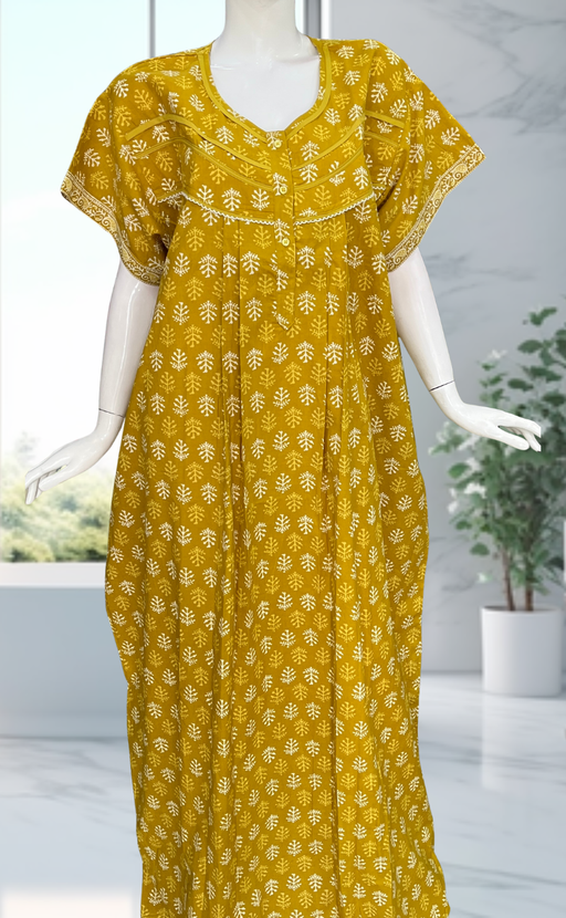 Yellow Leafy Pure Cotton Nighty. Pure Durable Cotton | Laces and Frills