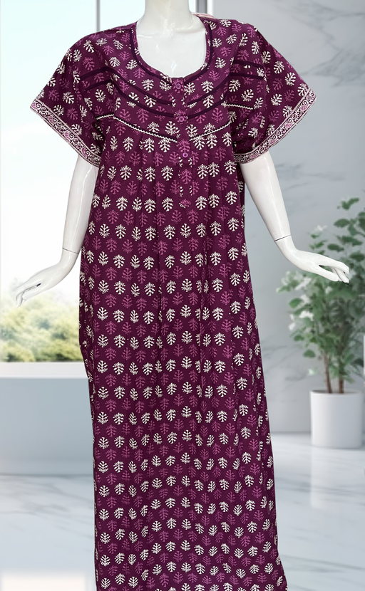 Purple Leafy Pure Cotton Nighty. Pure Durable Cotton | Laces and Frills