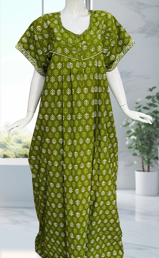 Green Leafy Pure Cotton Nighty. Pure Durable Cotton | Laces and Frills