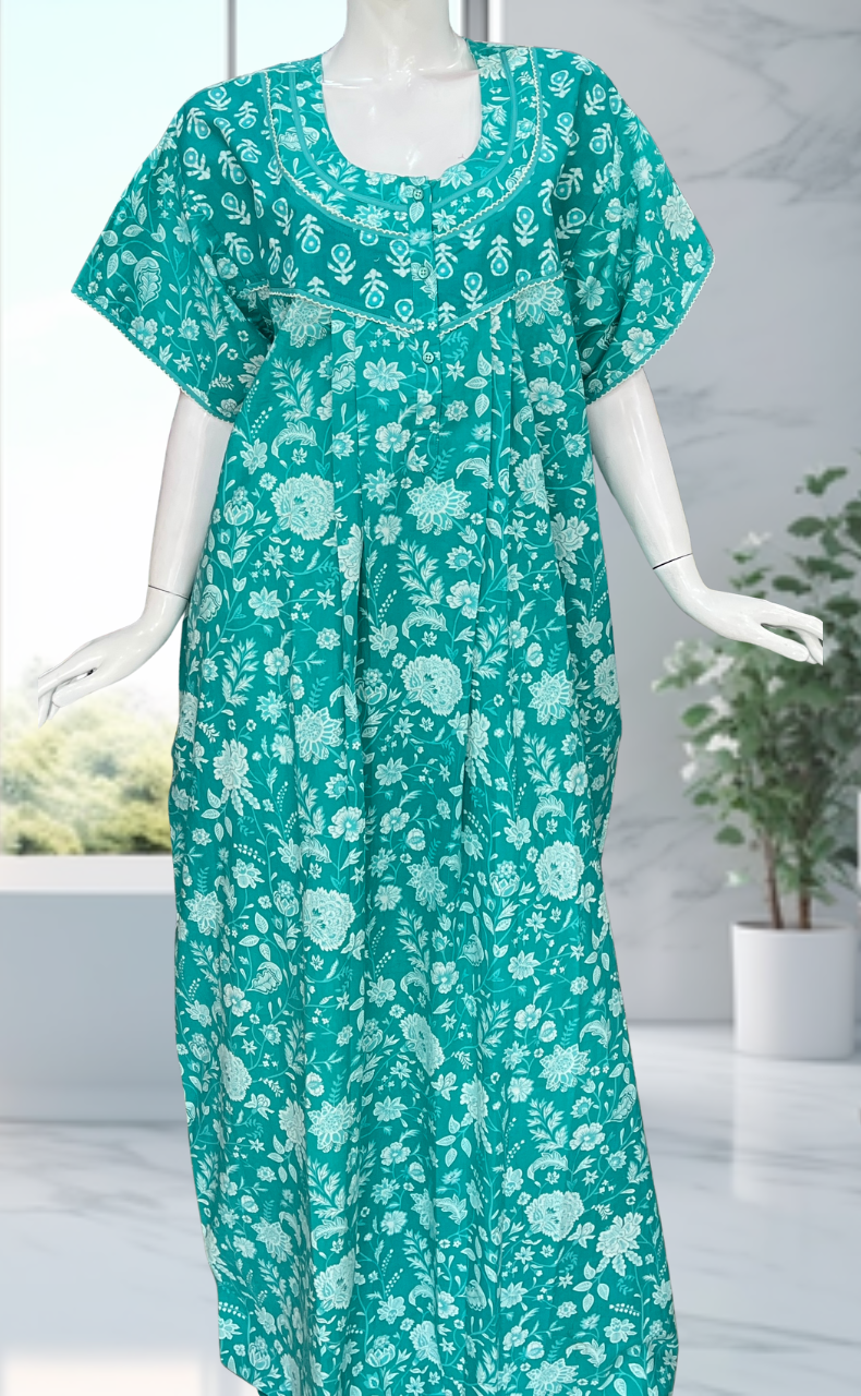 Sea Green Garden Pure Cotton Nighty. Pure Durable Cotton | Laces and Frills