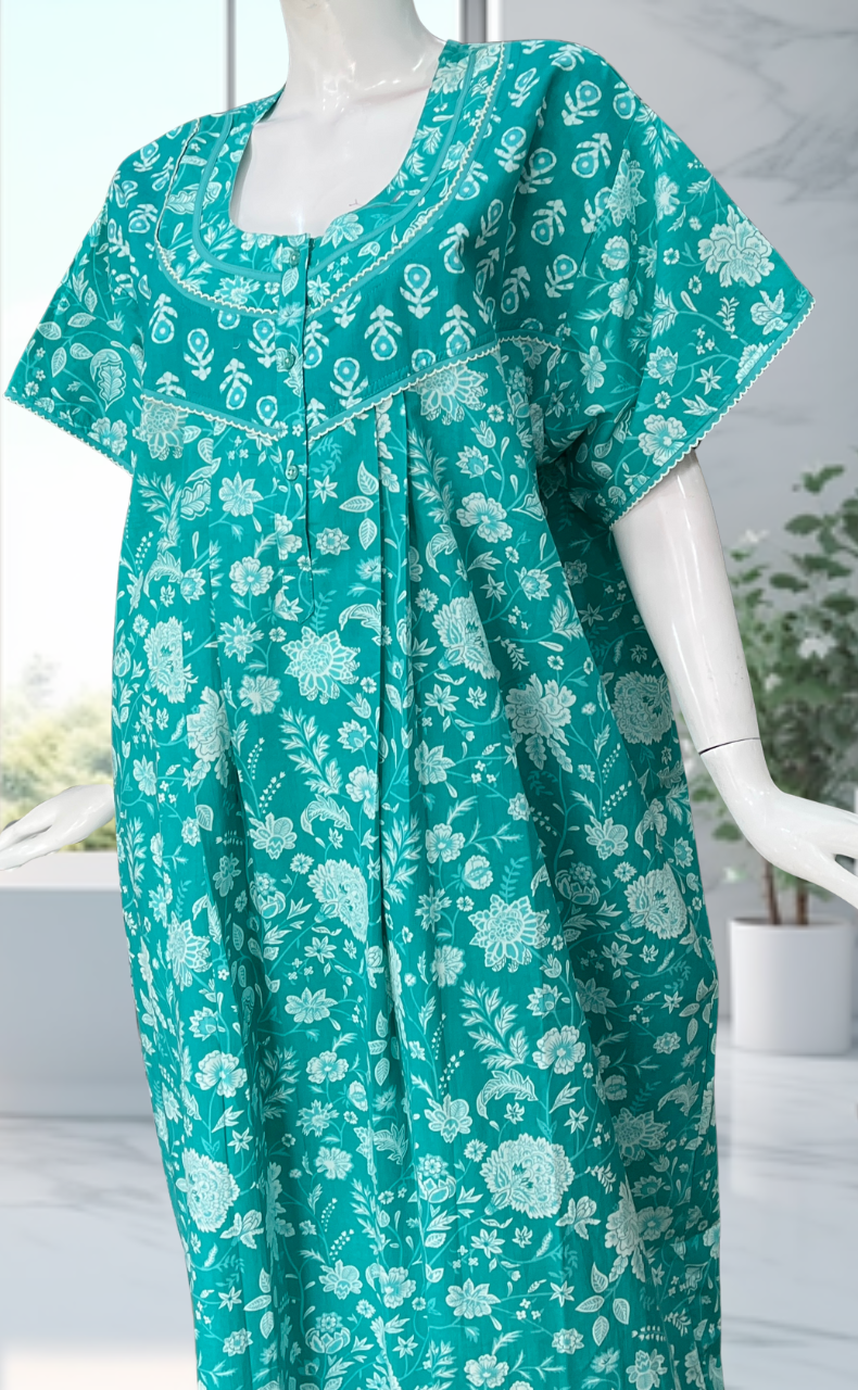 Sea Green Garden Pure Cotton Nighty. Pure Durable Cotton | Laces and Frills