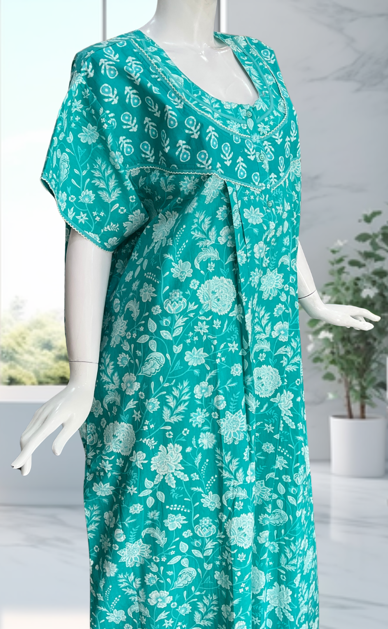 Sea Green Garden Pure Cotton Nighty. Pure Durable Cotton | Laces and Frills