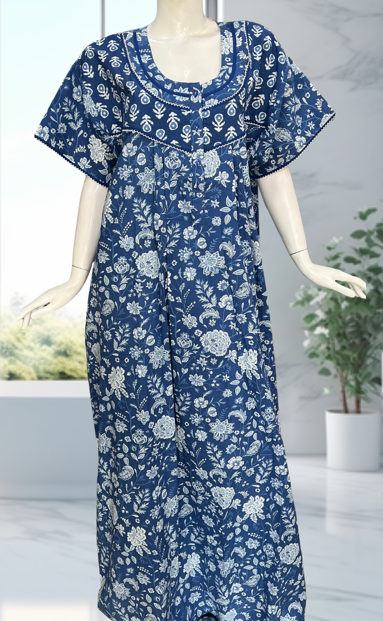 Blue Garden Pure Cotton Nighty. Pure Durable Cotton | Laces and Frills