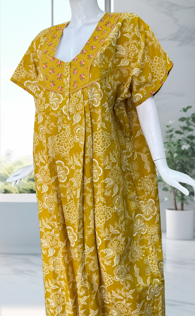 Yellow Garden Pure Cotton Nighty. Pure Durable Cotton | Laces and Frills