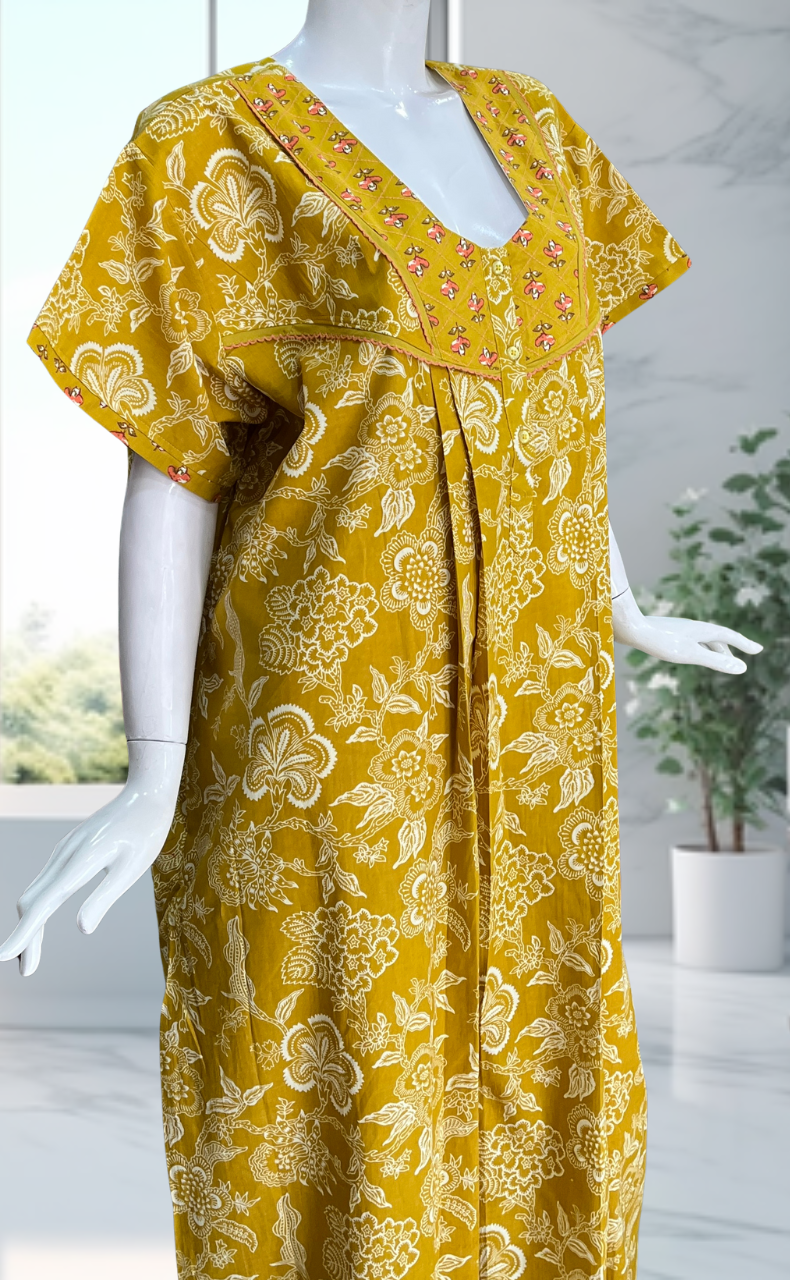 Yellow Garden Pure Cotton Nighty. Pure Durable Cotton | Laces and Frills