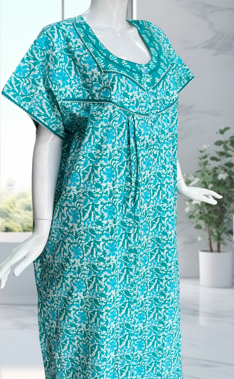 Sea Green Garden Pure Cotton Nighty. Pure Durable Cotton | Laces and Frills