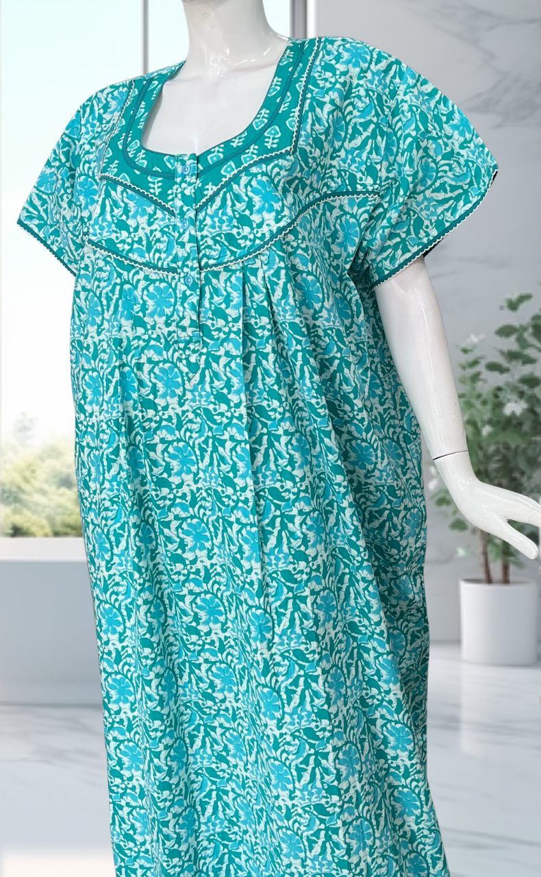 Sea Green Garden Pure Cotton Nighty. Pure Durable Cotton | Laces and Frills