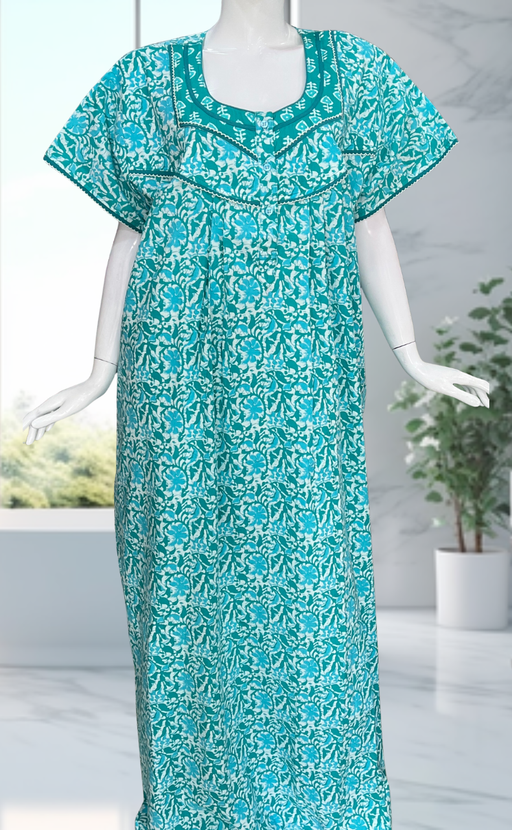 Sea Green Garden Pure Cotton Nighty. Pure Durable Cotton | Laces and Frills