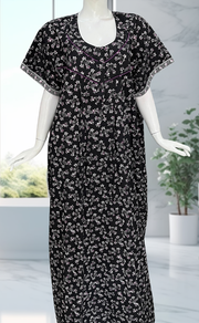 Black Floral Pure Cotton Nighty. Pure Durable Cotton | Laces and Frills